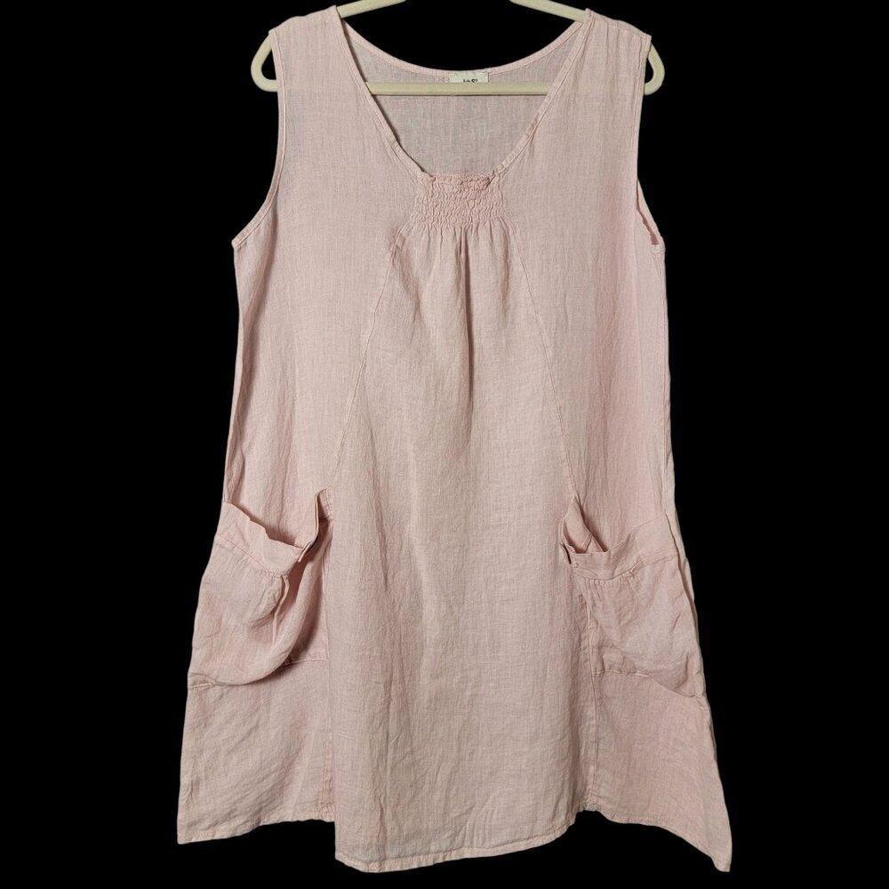 JS Millenium Womens Pink Linen Boho Beachy Lagenlook Shift Dress Pockets Medium